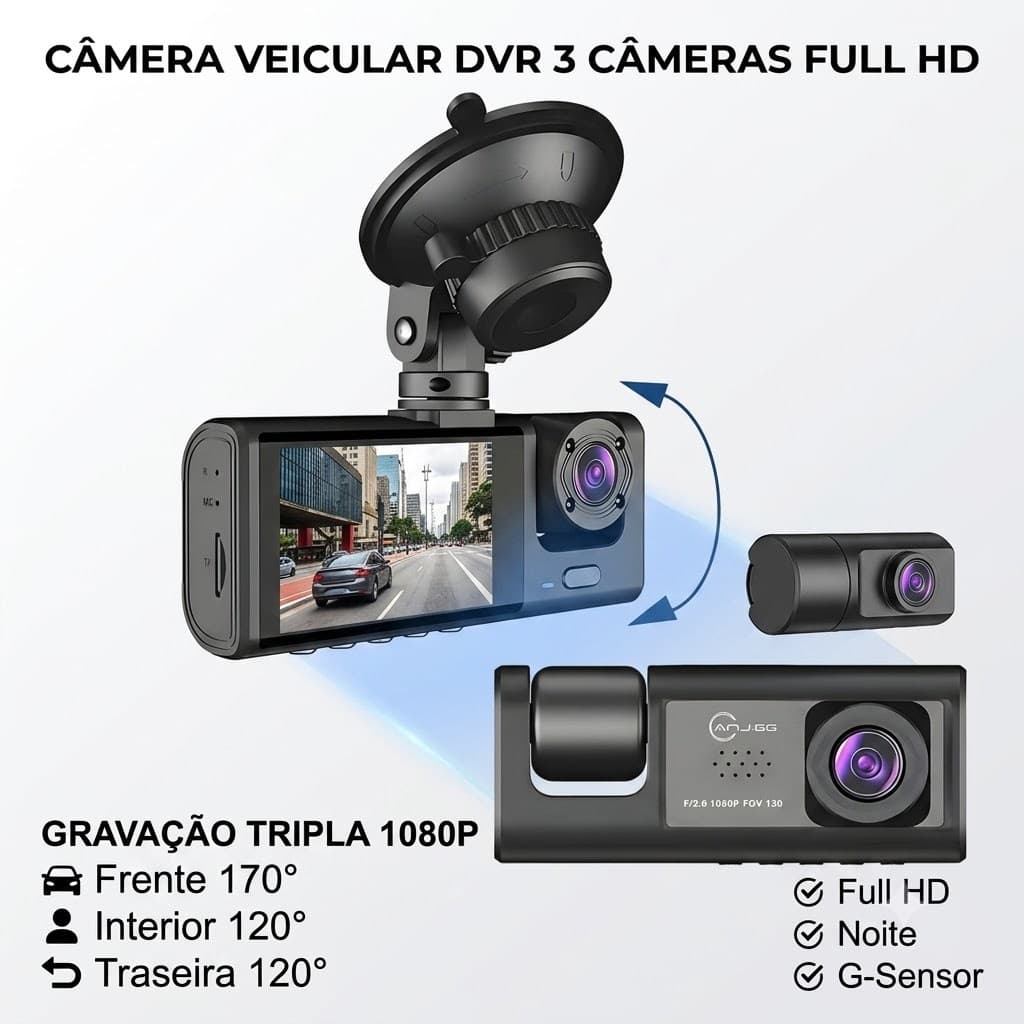 Câmera Veicular DVR 3 Câmeras Full HD 1080P Frontal Interna Traseira Visão Noturna Tela LCD