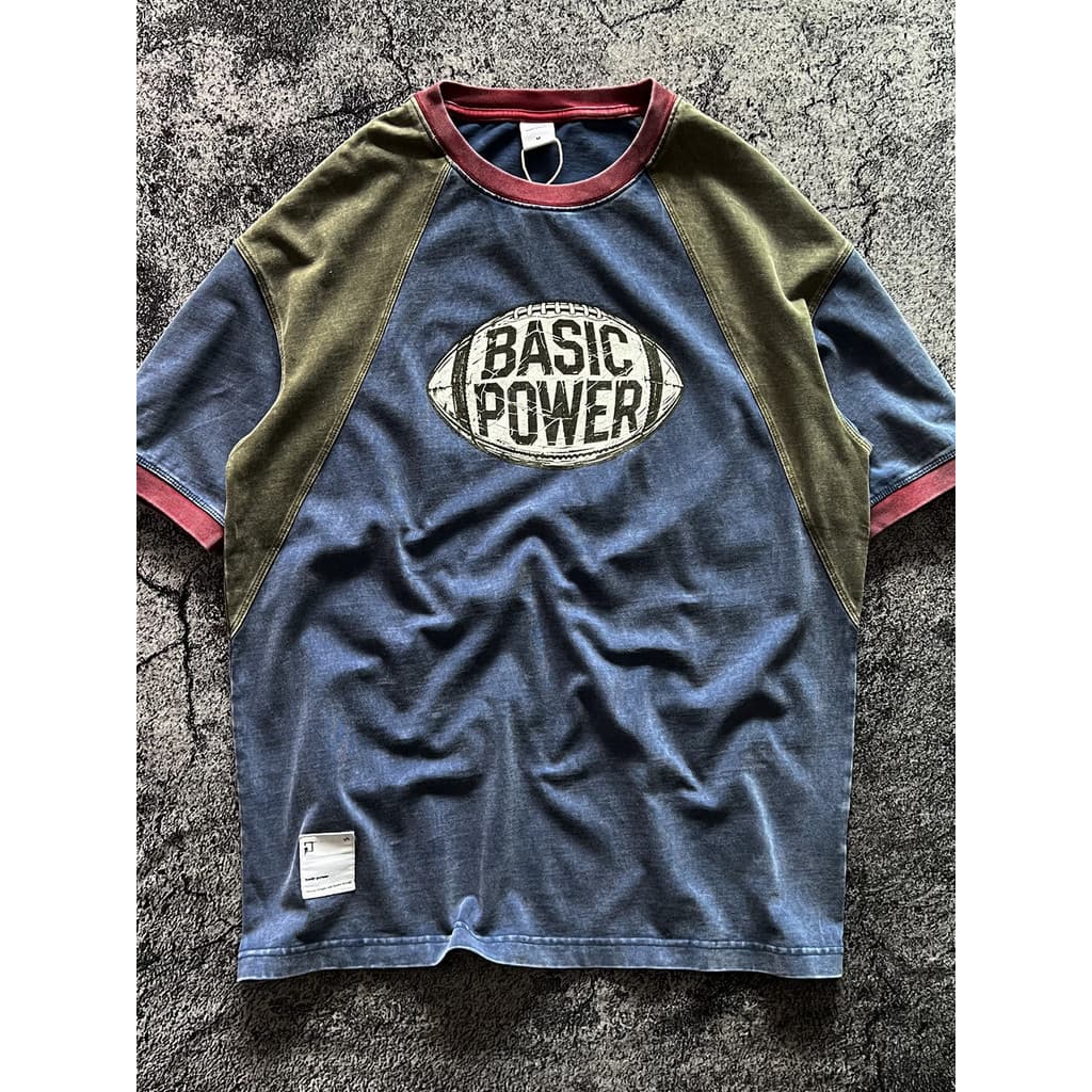 Estilo Retro americano pesado Ami cáqui Crack impresso cor frita angustiado lavado solto em torno do pescoço de manga cu