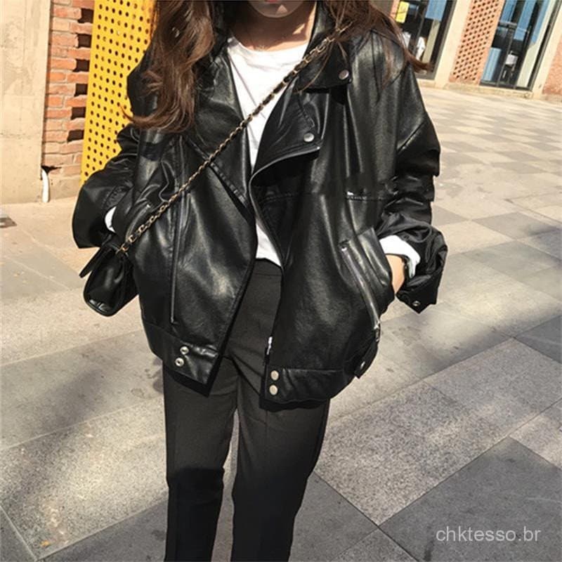 Jaqueta de Couro Feminina SXEF Plus Size Forrada com Capuz, Jaqueta Biker Original GG Feminina