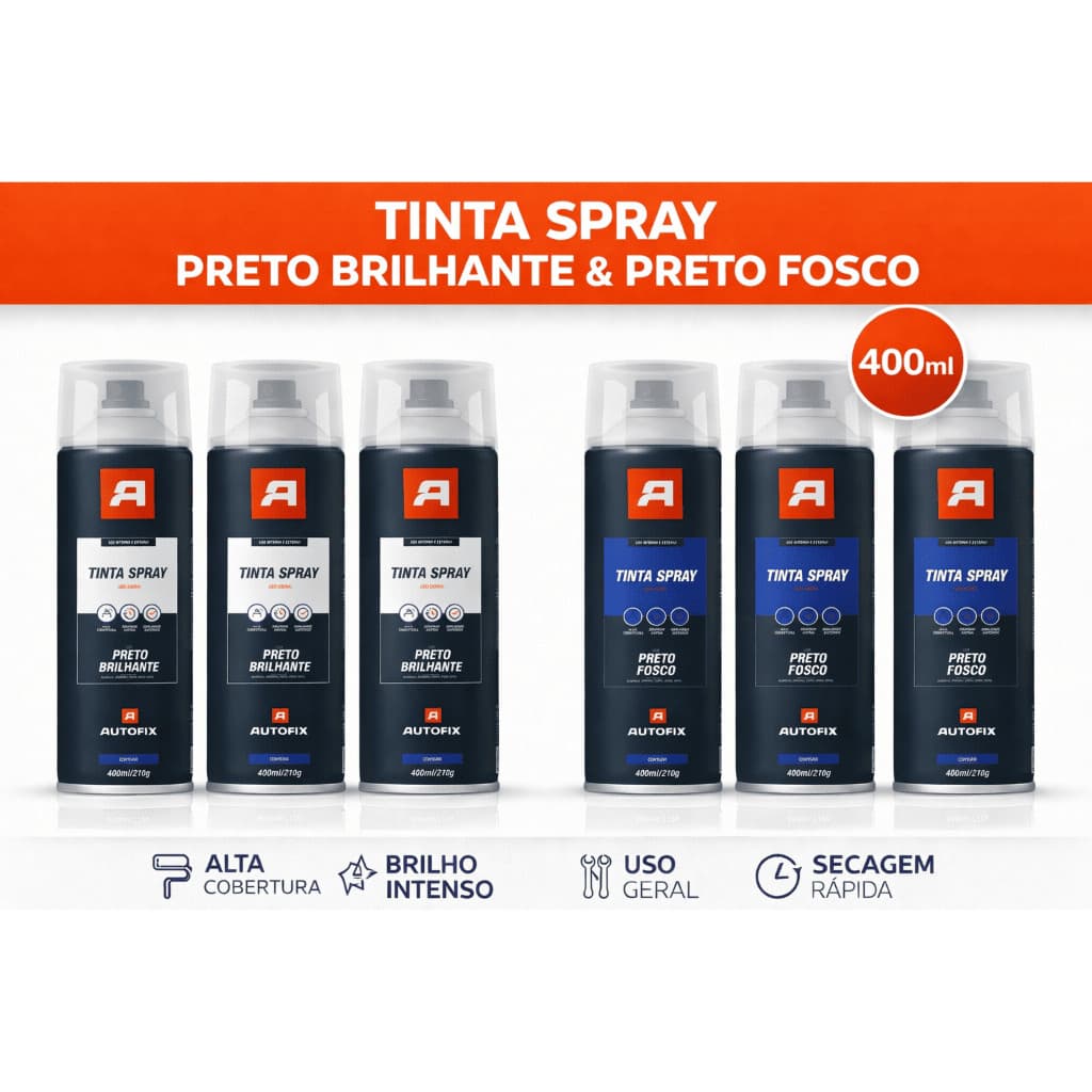 Kit 06 Tinta Spray Uso Geral 400ml Preto Brilhante + Preto Fosco Metal Madeira Autofix Aerossol
