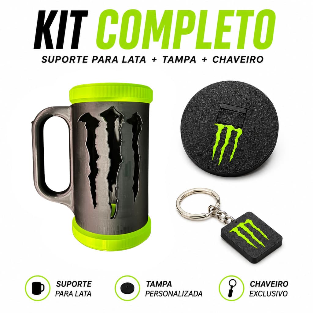 Suporte Para Lata Copo Monster Vazado 3D Preto e Verde Kit Completo Tampa e Chaveiro Abridor