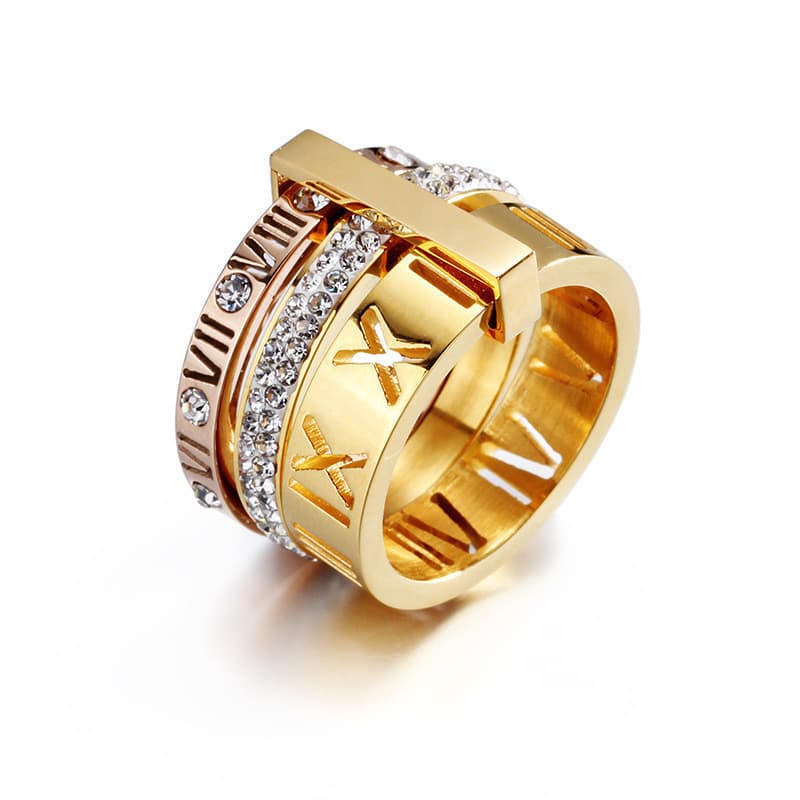 Anel de Diamante Banhado a Ouro Romano Oco para Mulheres e Homens