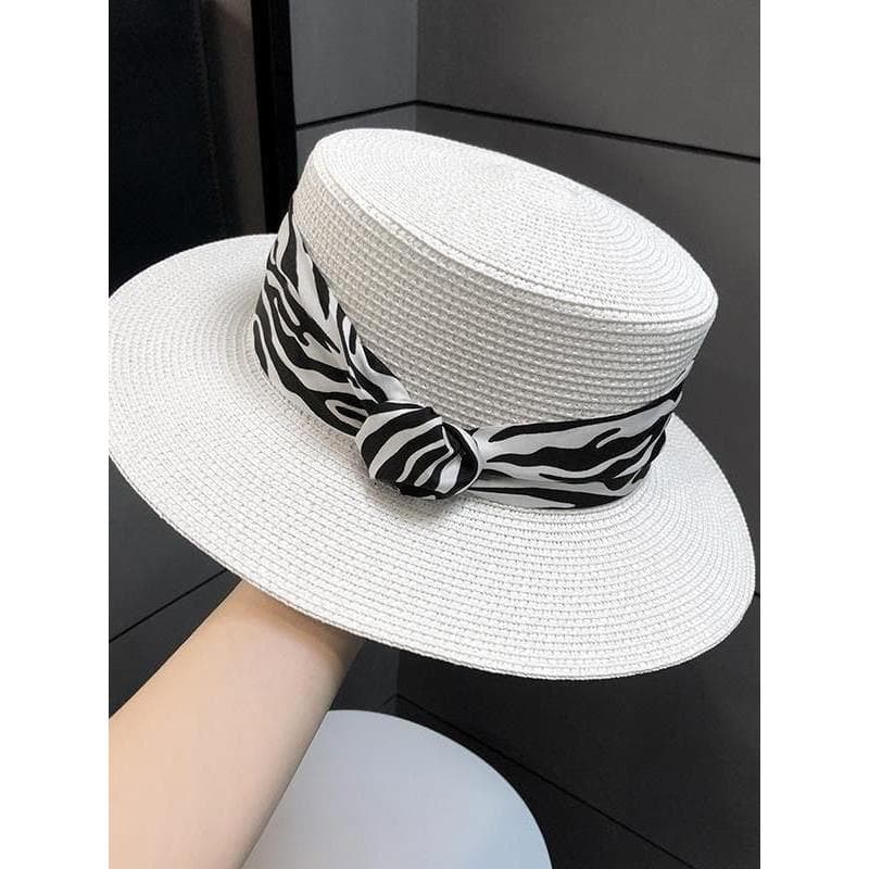 Chapéu de topo plano feminino verão francês Retro padrão novo estilo palha chapéu de sol férias ao ar livre guarda-sol c