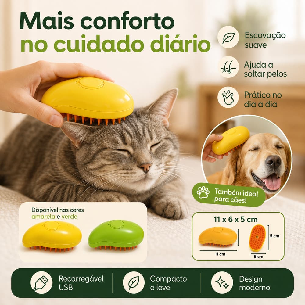 Escova Pet 3 em 1 a Vapor Elétrica para Cachorro e Gato