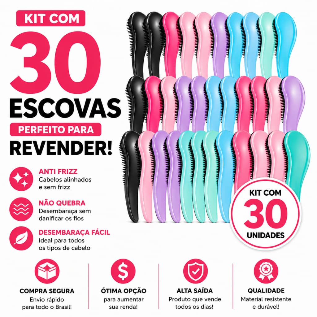 Kit 30 unidades Escovas Mágicas Anti Frizz Desembaraçadora Escolha sua Cor Para Revender