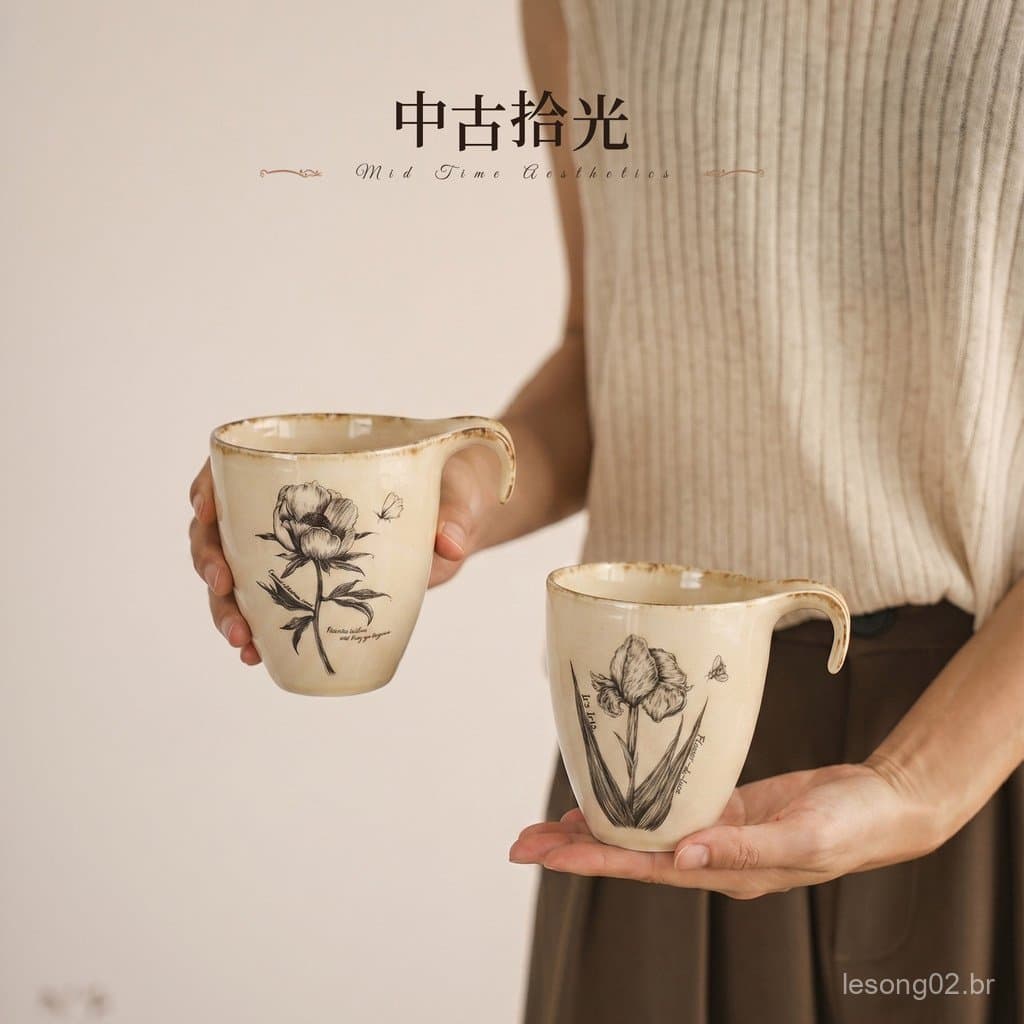 Xícara de café vintage de cerâmica de estilo chinês, elegante e de alta qualidade, com design artístico floral pintado à