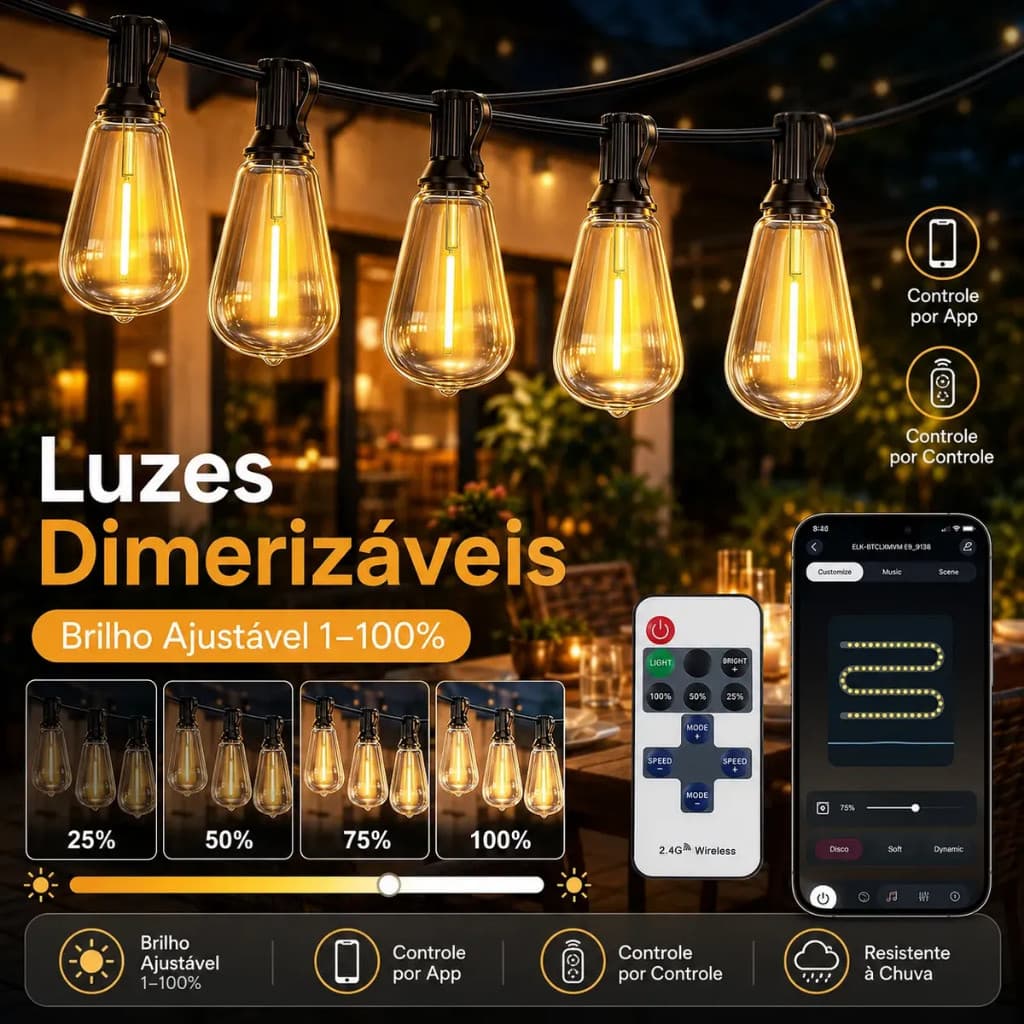 St38 15m Varal Cordão Luzes Bluetooth 20 Lâmpadas 110/220v