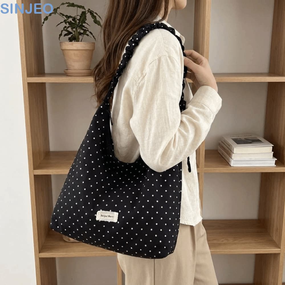 SINJEO Bolsa De Ombro De Bolinhas , Sacola Estilo Coreano De Grande Capacidade , Feminina De Lona Leve