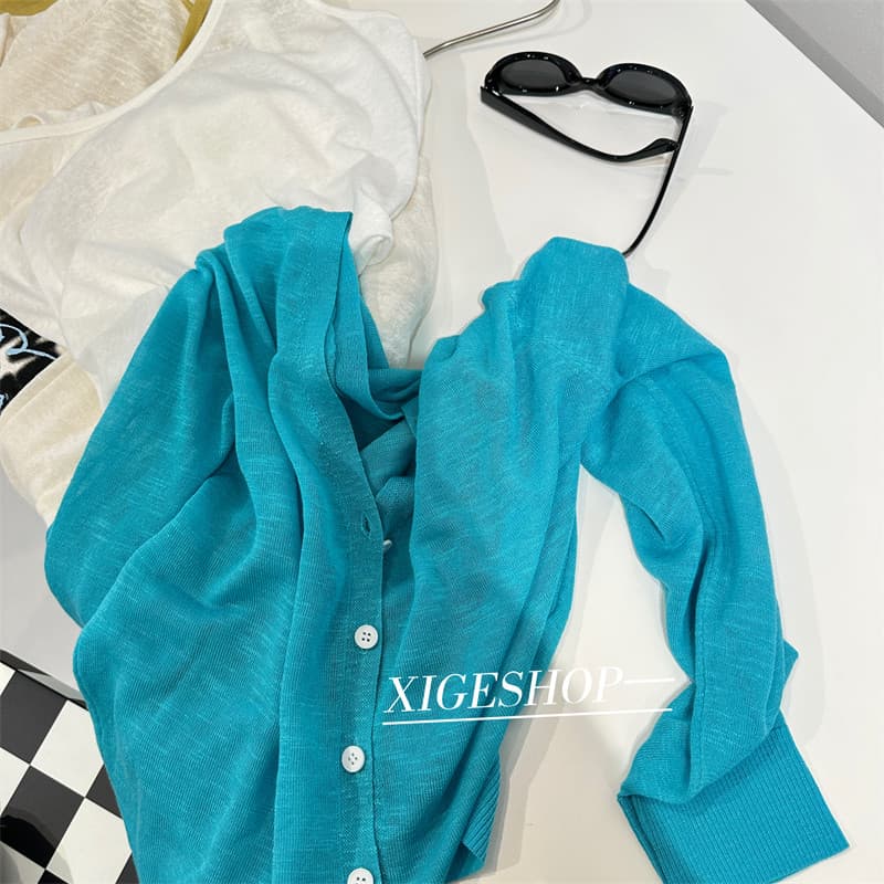 Saturação apenas direito gelo azul com decote em V imitação de textura de linho Cardigan feminino verão solto ar condici