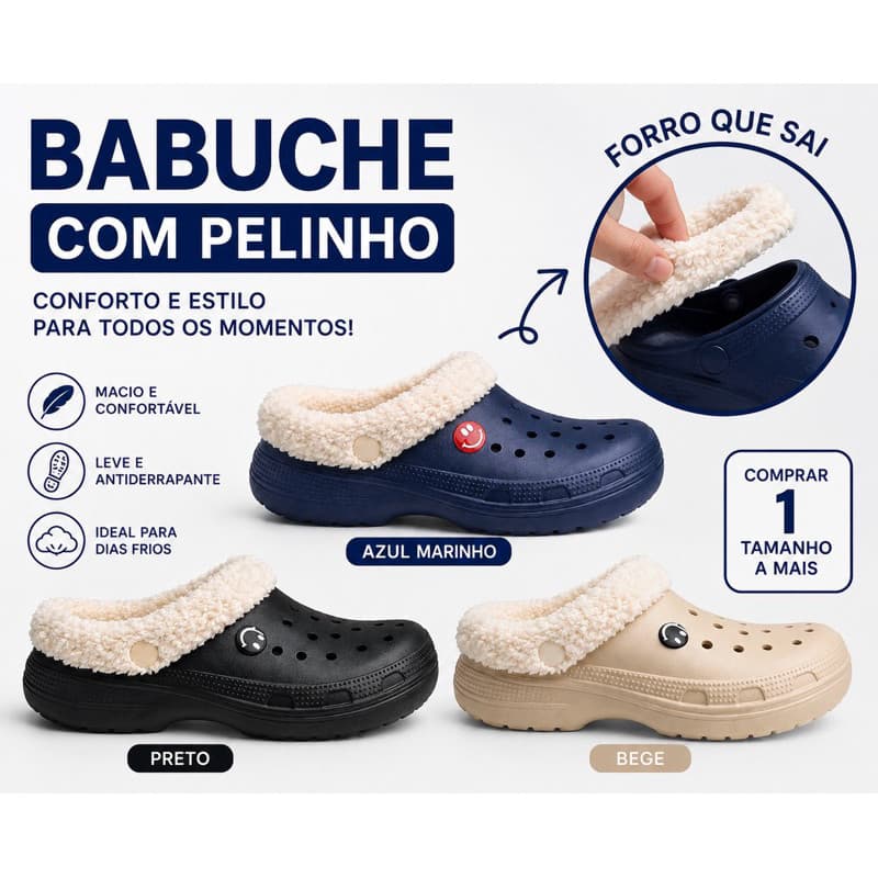 Babuche Pantufa com Pelinho Forrado Removível Confortável Antiderrapante