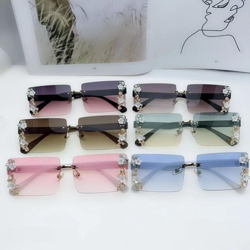 Óculos de Sol Femininos Sem Armação com Estampa Floral, Óculos de Sol da Moda UV400, Óculos Quadrados Femininos
