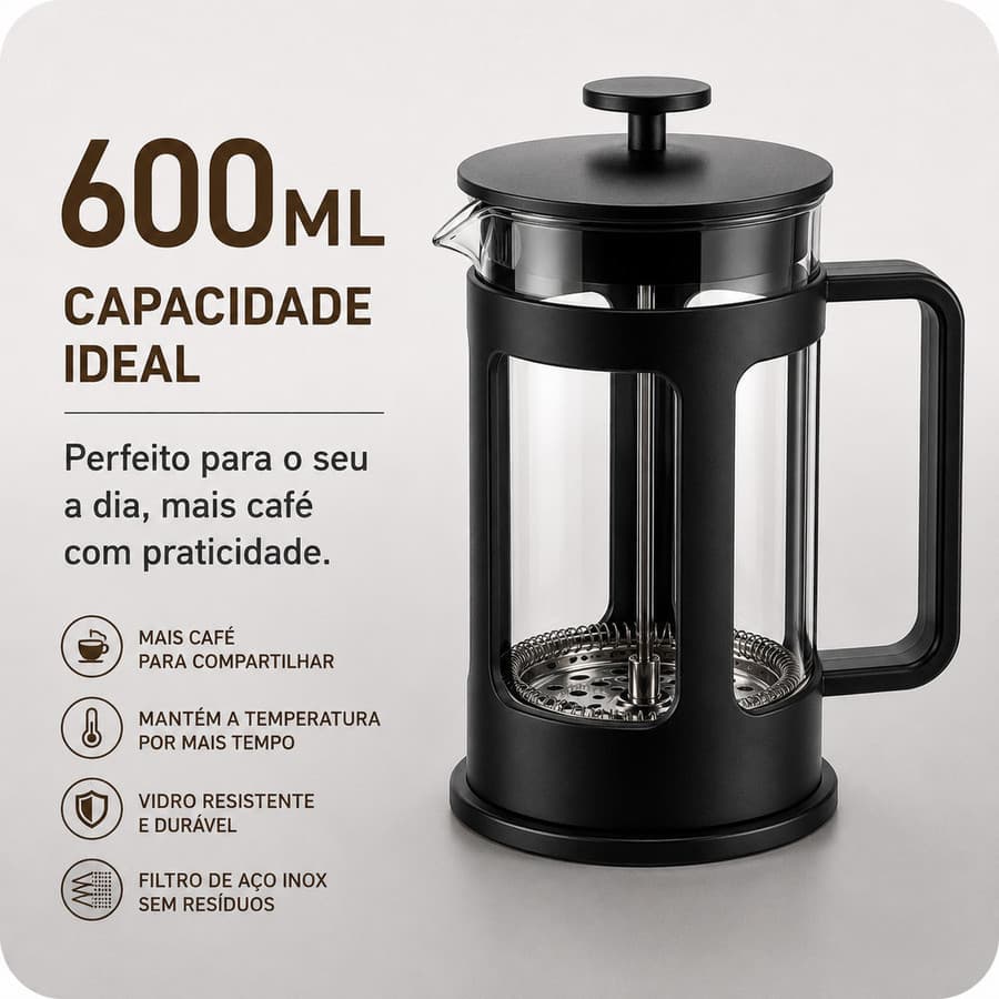 French Press 600ml Cafeteira Manual para Café Chá e Leite com Filtro Inox