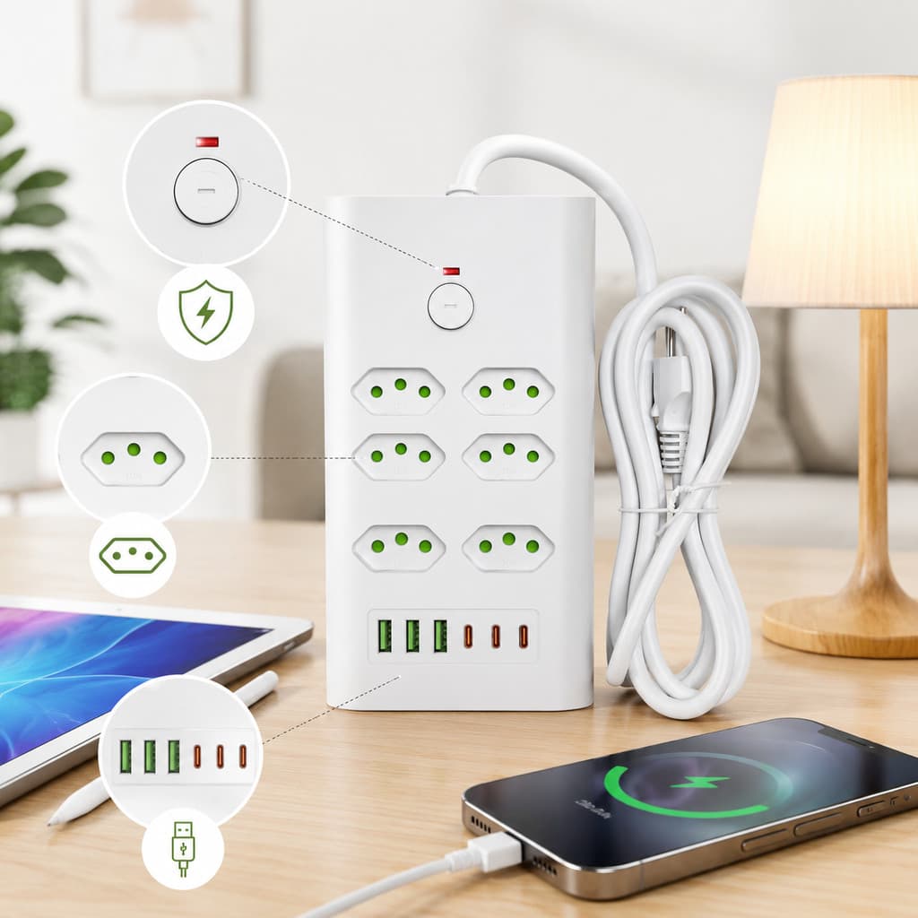 Filtro de Linha Extensão Elétrica 6 Tomadas com USB e Tipo C Protetor Contra Sobrecarga 20A