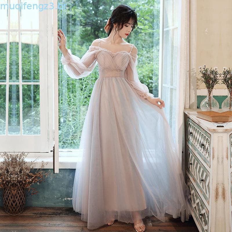 Rosa Azul Vestido De Noite De Manga Comprida Para Mulheres Fada Fora Do Ombro Banquete Magro Vestidos De Festa Jantar De