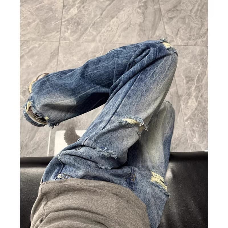 Azul relâmpago padrão lavado rasgado Jeans masculino americano Retro calças cleanfit calças compridas retas exclusivas