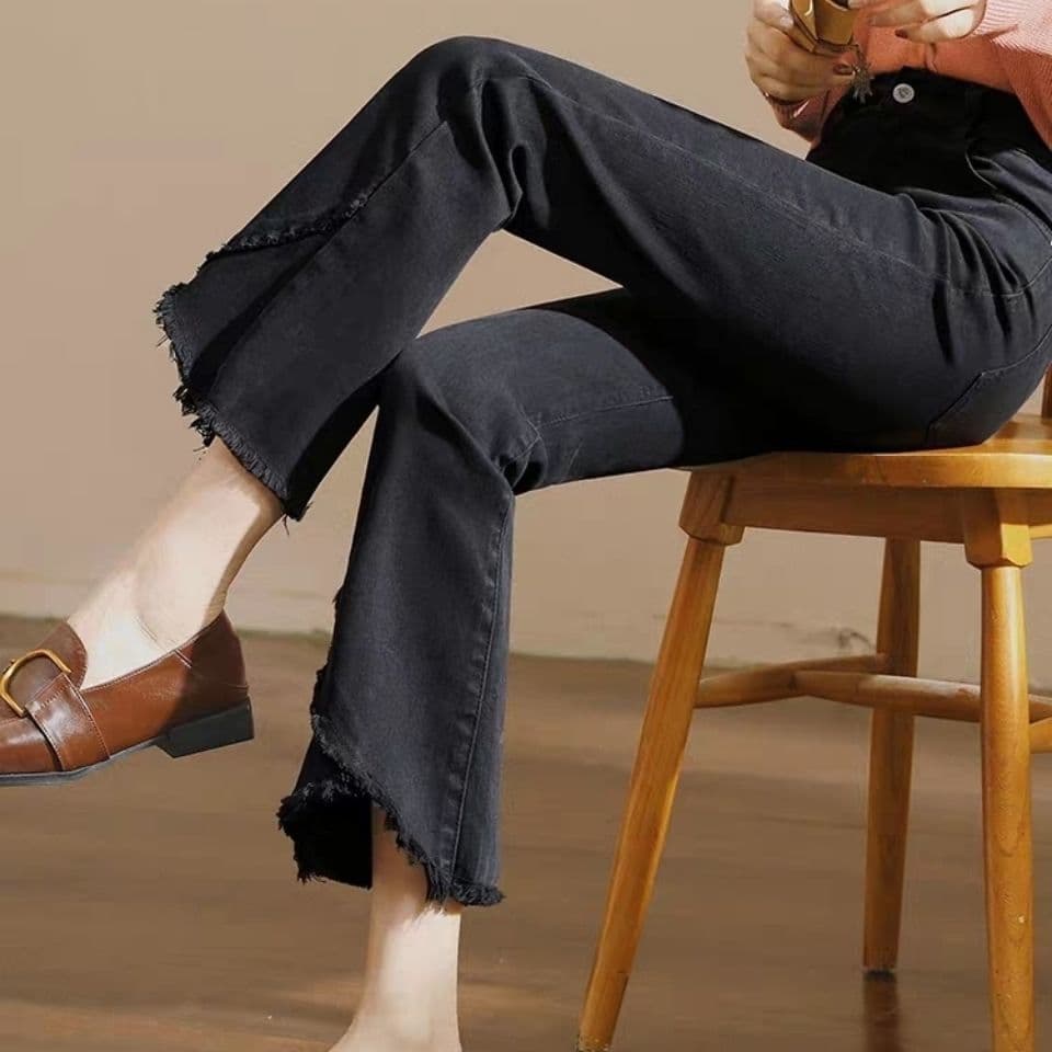 Calças até o tornozelo Jeans Micro-queimadas femininas Slim fit cintura alta 8 pontos