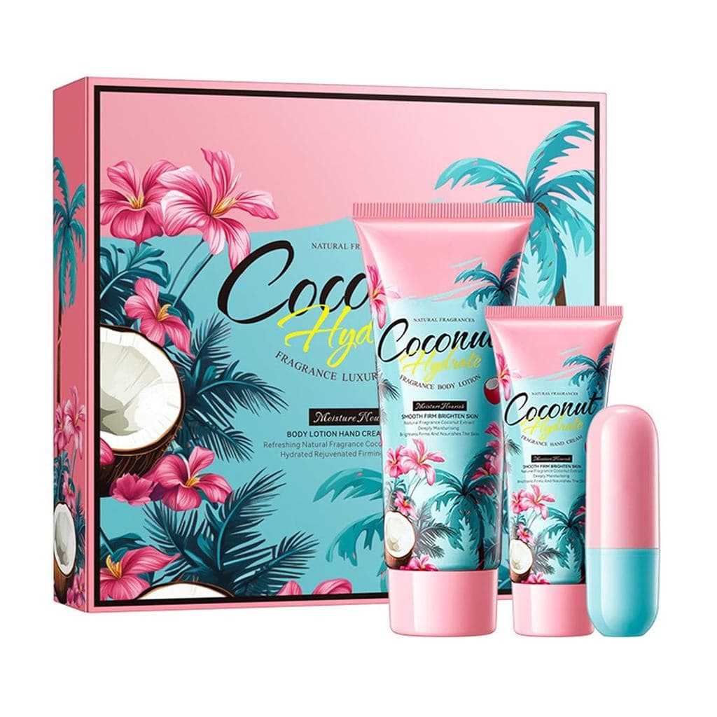 Conjunto de Presentes Grospe Coconut para Mulheres, Conjunto Premium de 3 Peças com Bálsamo Labial, Creme para as Mãos e
