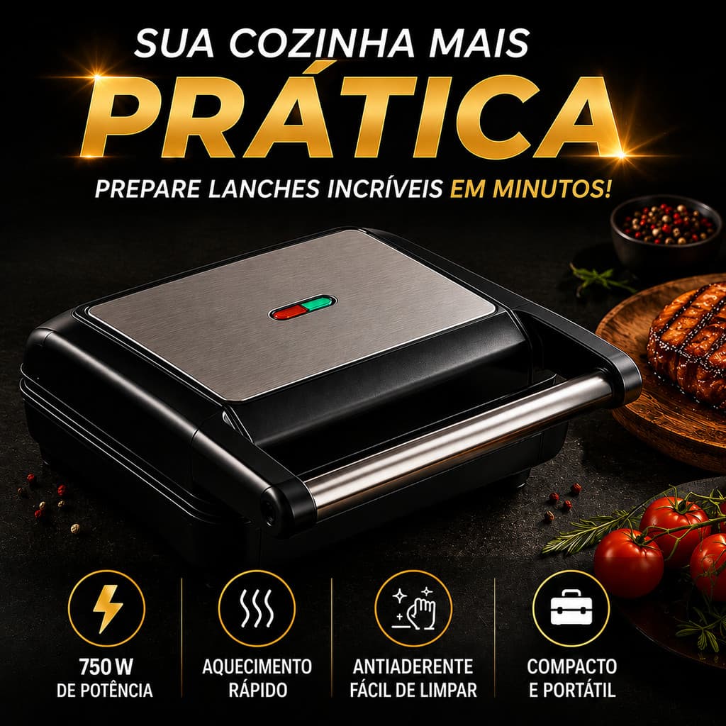 Mini Grill Grelha Sanduicheira Inox 750w Antiderrapante Alça Led Indicador
