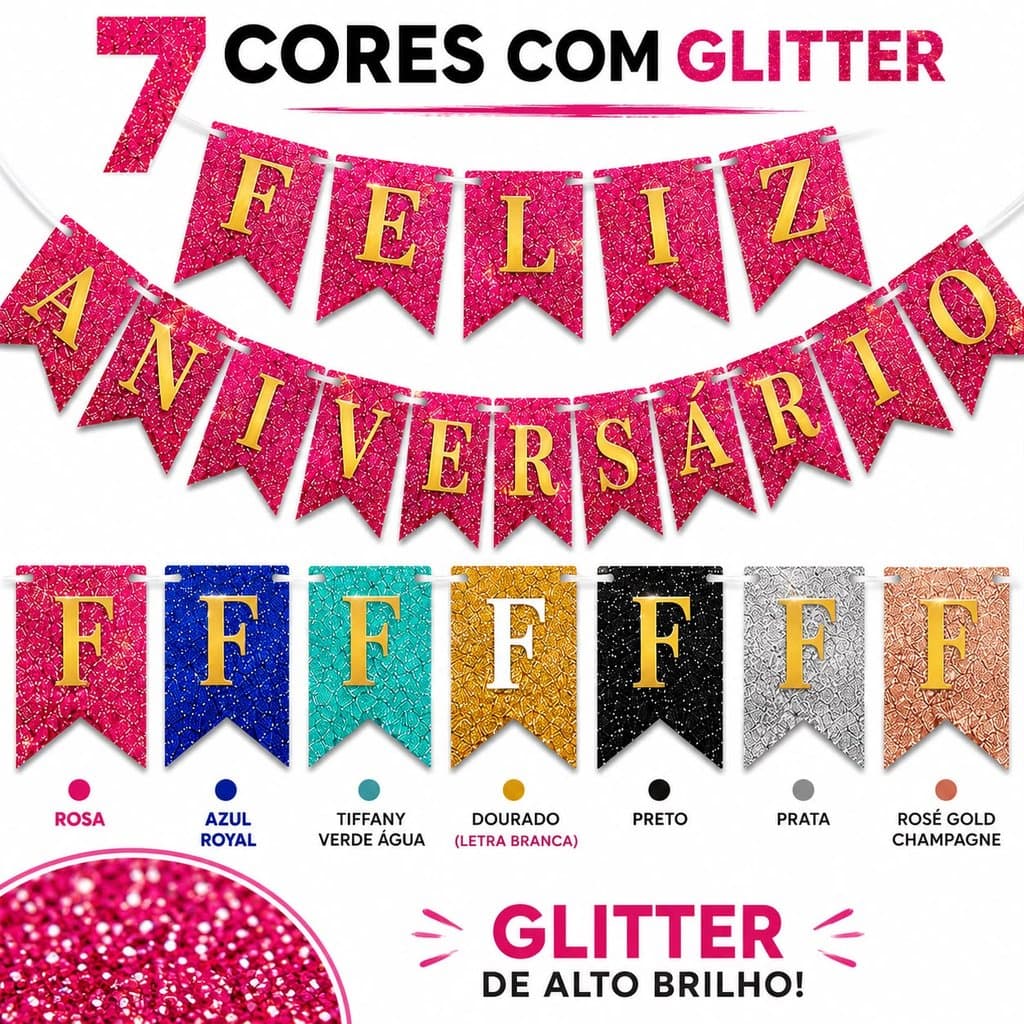 Faixa Feliz Aniversário Bandeirinha Glitter Pronta Pendurar Varal Decoração 7 Cores Festa