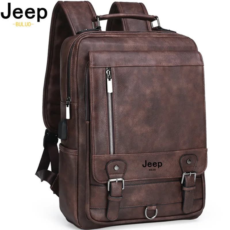 JEEP BULUO Moda PU Couro Mochila Masculina De Negócios 15.6 " Bolsa Para Laptop Mochilas De Viagem De Grande Capacidade