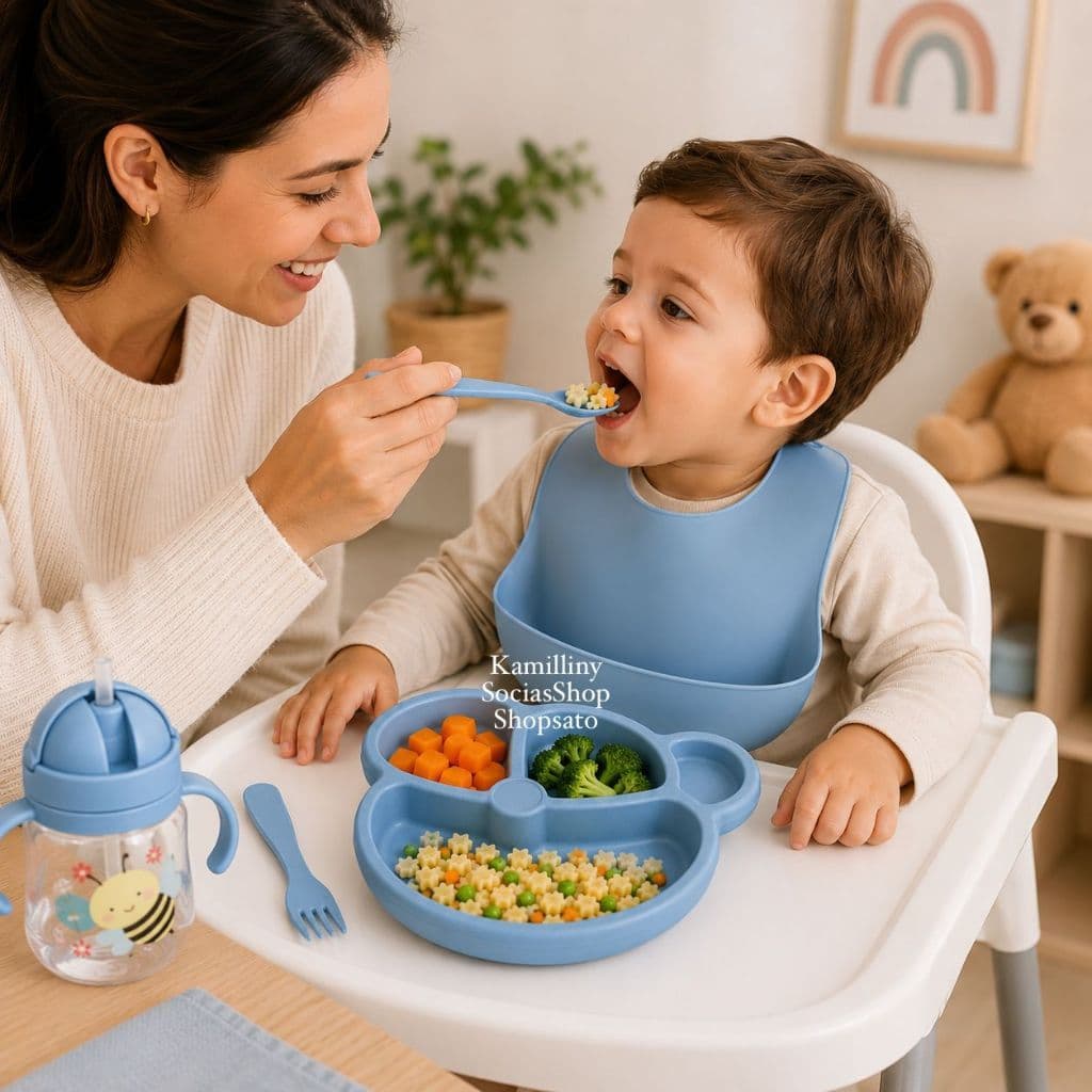 Pratinho Infantil Com Divisórias e Talheres Prato urso De Plástico Criança Alimentação Infantil