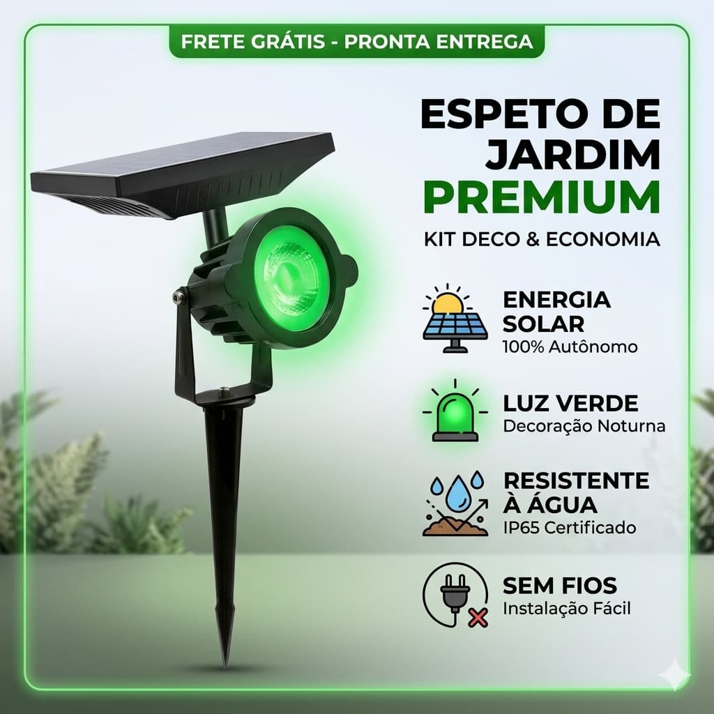Luminária LED Espeto Solar Verde 7w Verde Área Externa Blindado Placa Solar