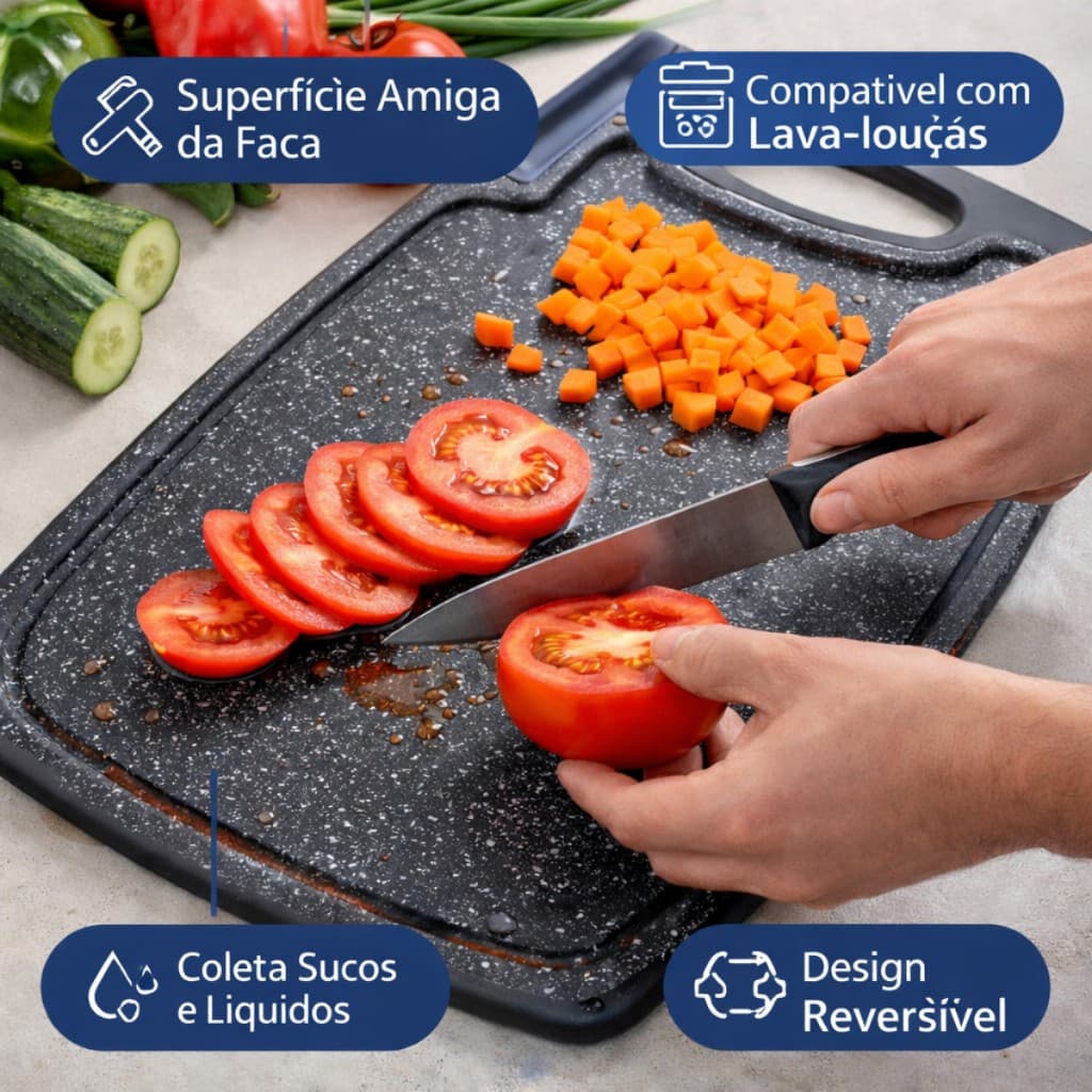 1 Tabua Grande Multiuso Polipropileno Tabua de Corte Preto Carnes Legumes Vegetais Frutas Queijo