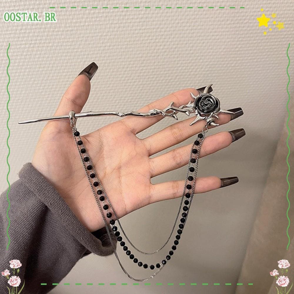 OOSTAR Hairstick De Flor Rosa , Contas Pretas Com Bastão De Cabelo De Corrente , Grampos Borla De Metal Fada