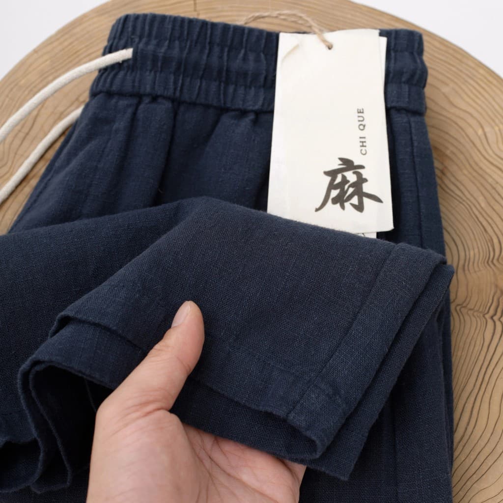 Azul marinho absorvente de suor respirável verão linho Shorts casuais masculino azul marinho algodão linho calças de cin