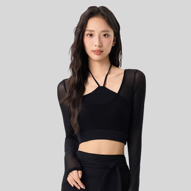 Outono inverno roupas de Fitness interior com almofada de peito fixa roupas de Yoga parcial transparente treinamento fem