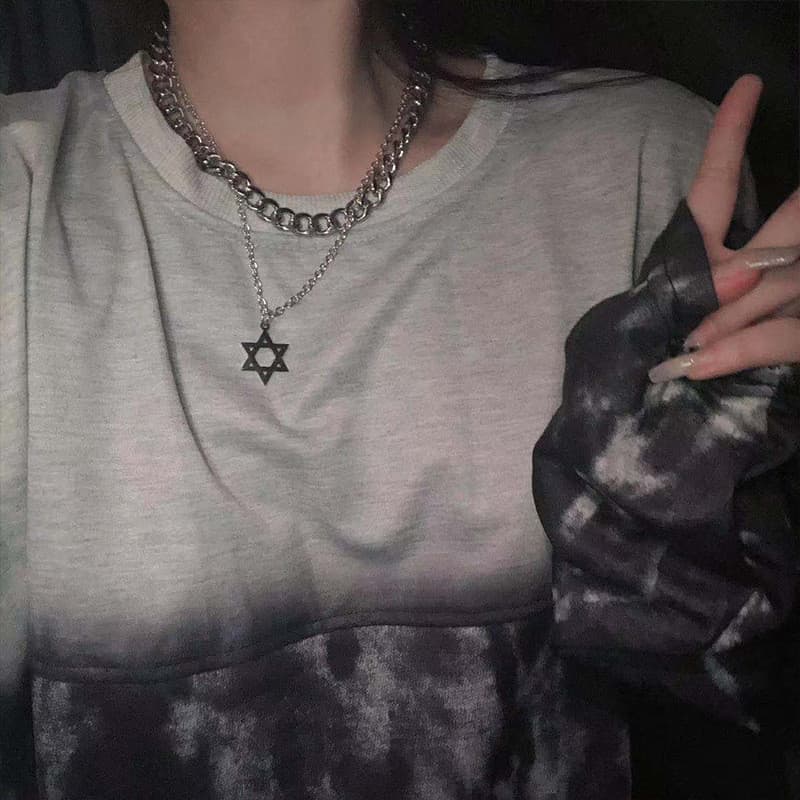 [Estoque pronto] Colar de estrela de seis pontas de camada dupla masculino feminino Hip-Hop cinto de empilhamento de cor