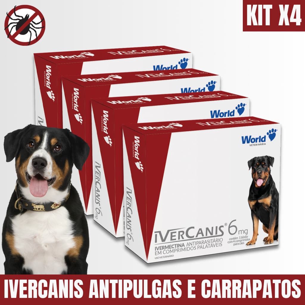 4 Ivercanis 6mg  World Veterinária Remédio Cães Contra Pulgas Carrapatos Display 12X04 Comprimidos