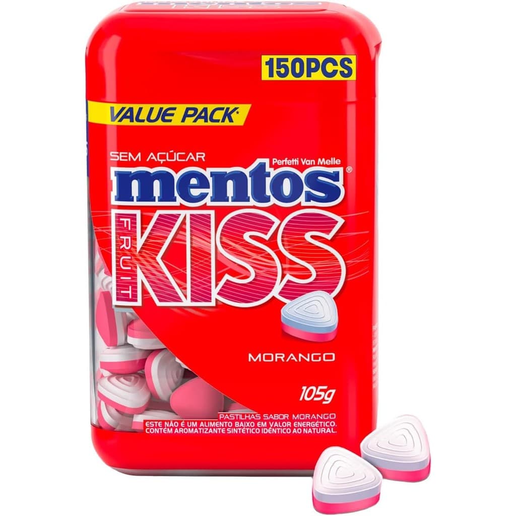 Pastilhas Mentos Kiss Fruit Sabor Morango Sem Açúcar 105g  (Pote Com 150 unidades)