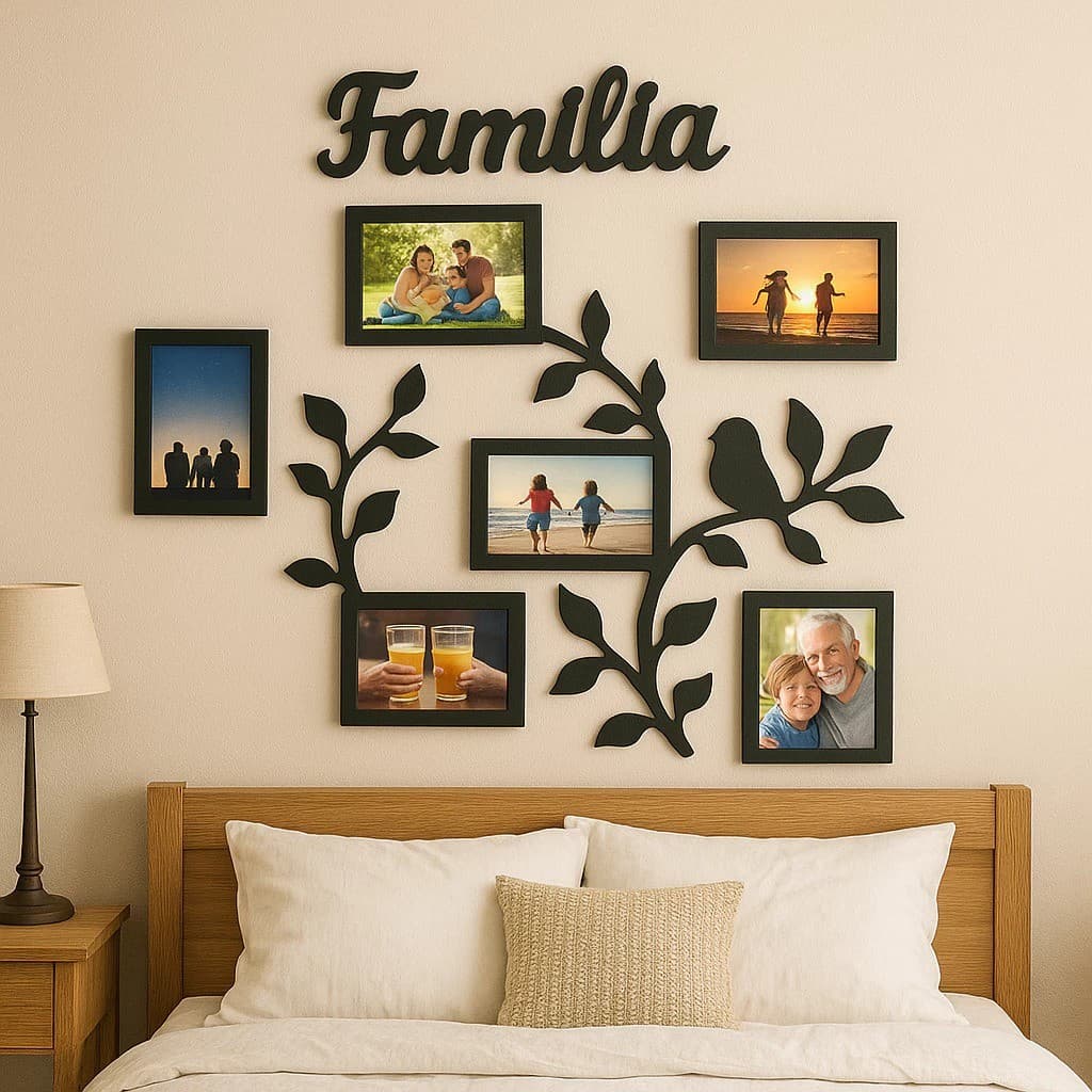 Painel Porta-Retrato de Parede Família MDF com 6 Fotos Galhos | Organização e Estilo com Envio Rápido