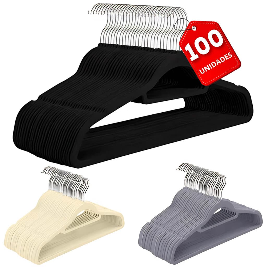 100 Cabides Veludo Antiderrapante Fino Economiza Espaço 360° Ganchos Giratórios 42cm
