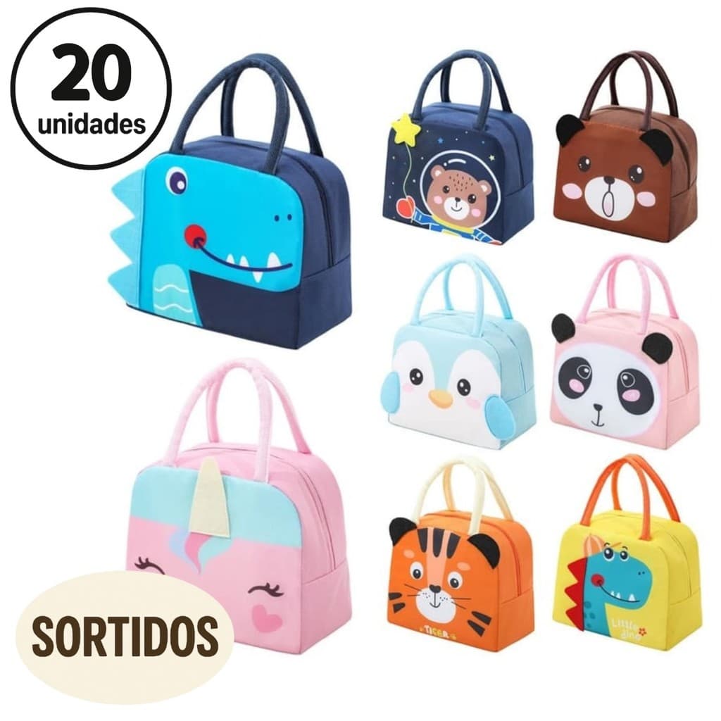 Kit 20 Unidades Bolsas Térmicas Infantil Estampas Animais SORTIDOS Lancheira Criança Menina Menino