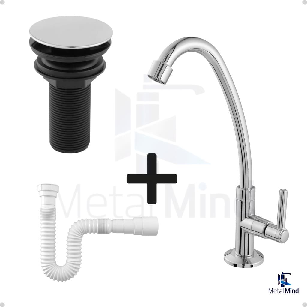 Kit de Banheiro em ABS Cromado -Torneira 1198 Alta, Válvula Click 7/8 e Sifão Flexível Universal
