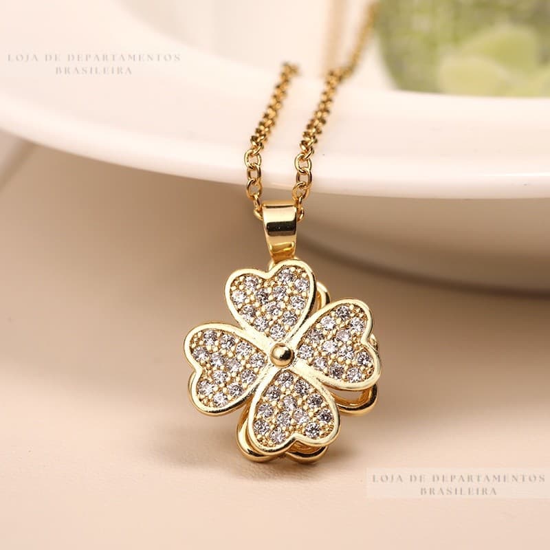 Colar De Clavícula De Aço Titânio Com Trevo De Quatro Folhas/Cristal/Ouro 18K/Coreano/Simples