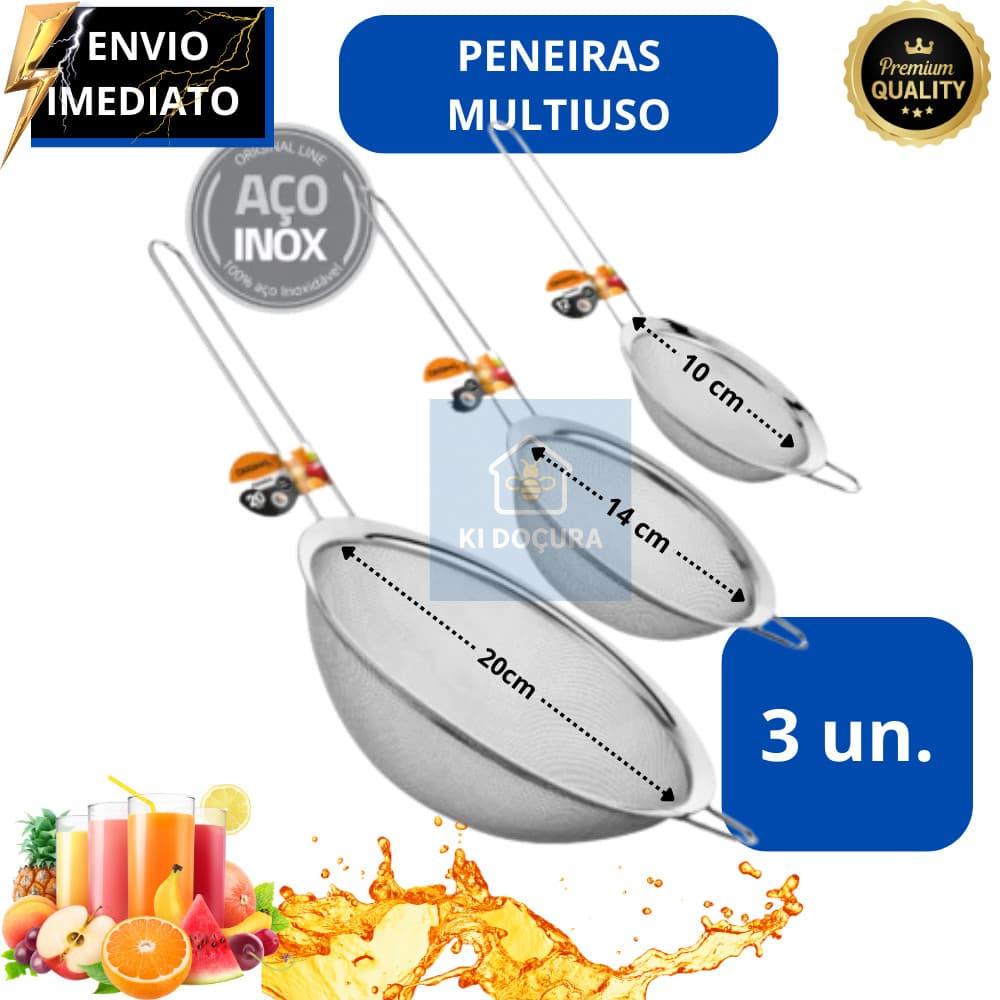 Kit 03 Peneira Coador Manual Em Aço Inox Para Cozinha 10cm 14cm 20cm