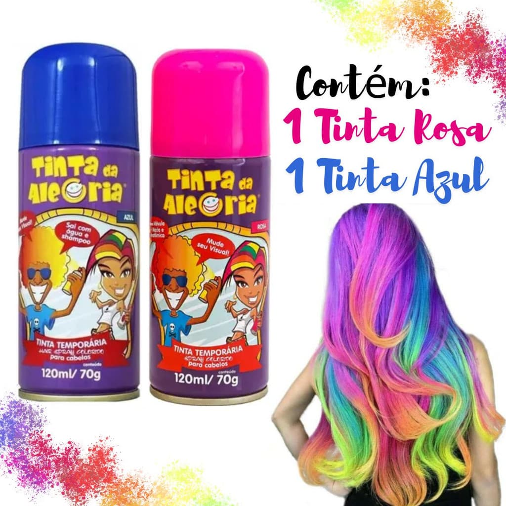 KIT 2UN Tinta Spray Colorida Cabelo Maluco Infantil Escola Lavável Carnaval Temporaria Azul Rosa