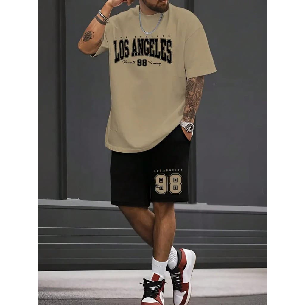 Kit Camiseta Caqui + Bermuda de Moletom Modelo "Los Angeles New World" Estilo Tumblr Moderno - Promoção ESPECIAL LANÇAME