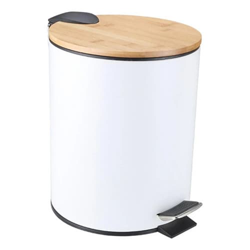 Lixeira Com Pedal Redonda Tampa De Bambu Banheiro Cozinha Inox Soft Close 3Lts 5Lts 9Lts