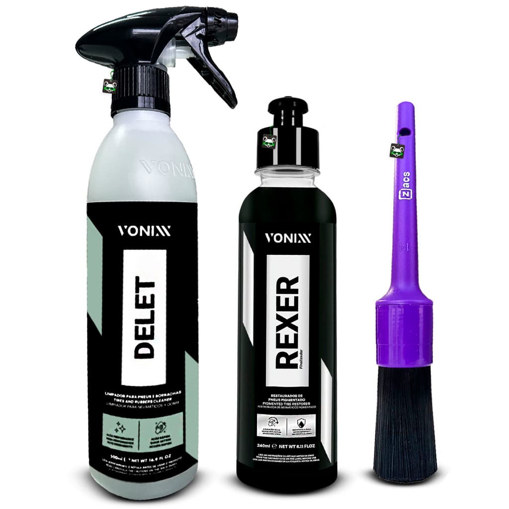 Kit Limpa e Restaura Pneu Pretinho Delet 500ml + Rexer 240ml + Pincel Vonixx