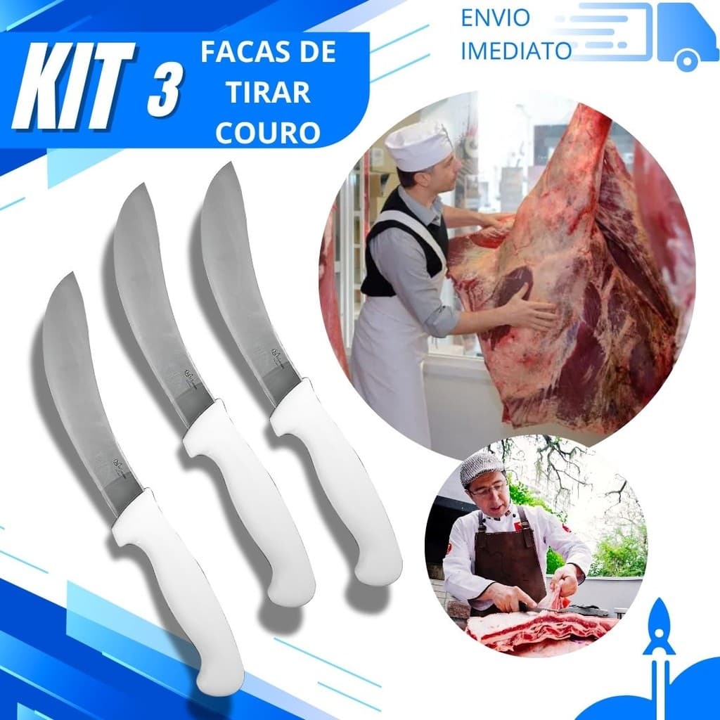 Kit 3,2 ou 1 Faca Profissional Tira Couro Aço Inox Alta Resistência Para Frigorífico Açougue e Açougueiro