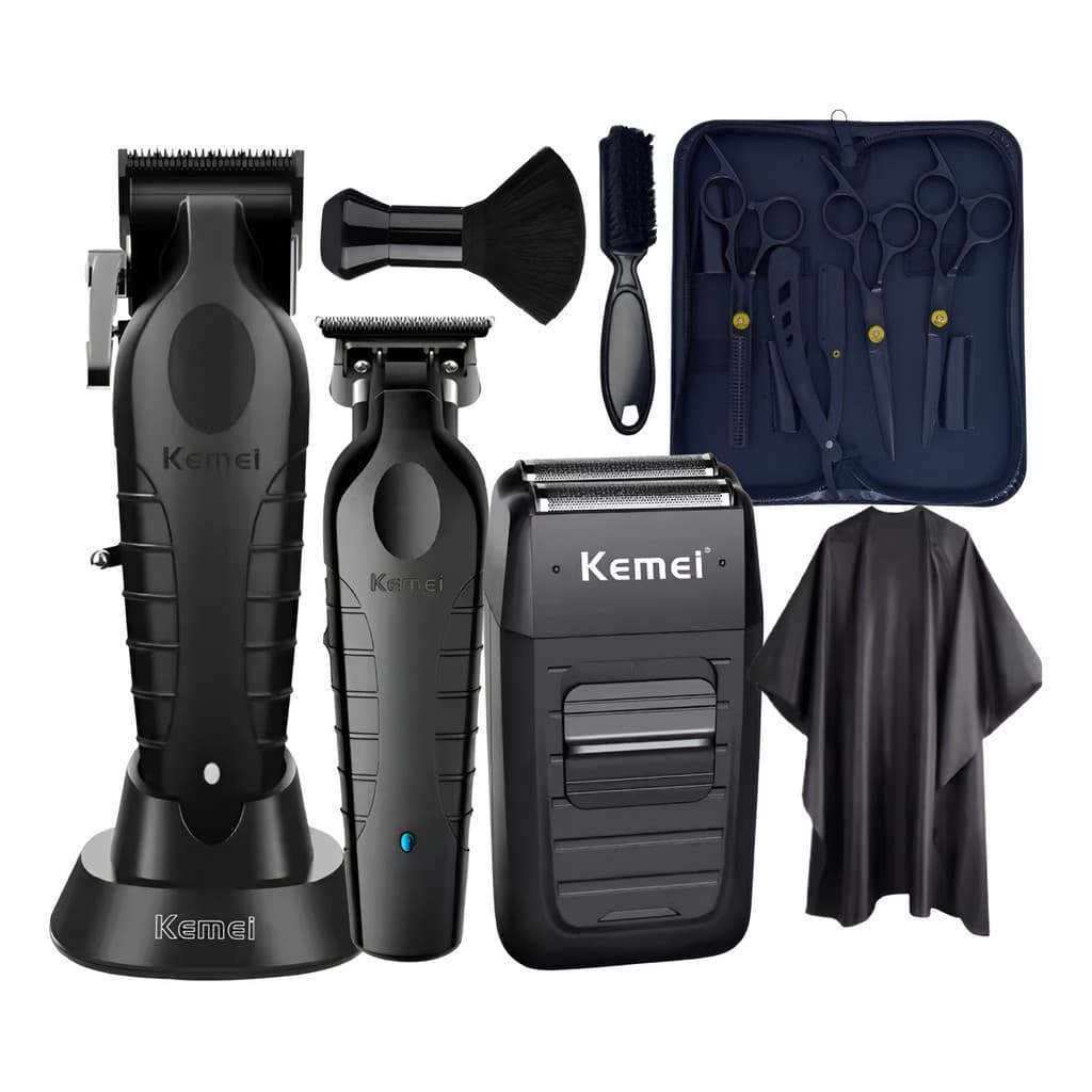 Kit Maquina Corte Cabelo Acabamento Shaver Tesoura Barbeiro Preto