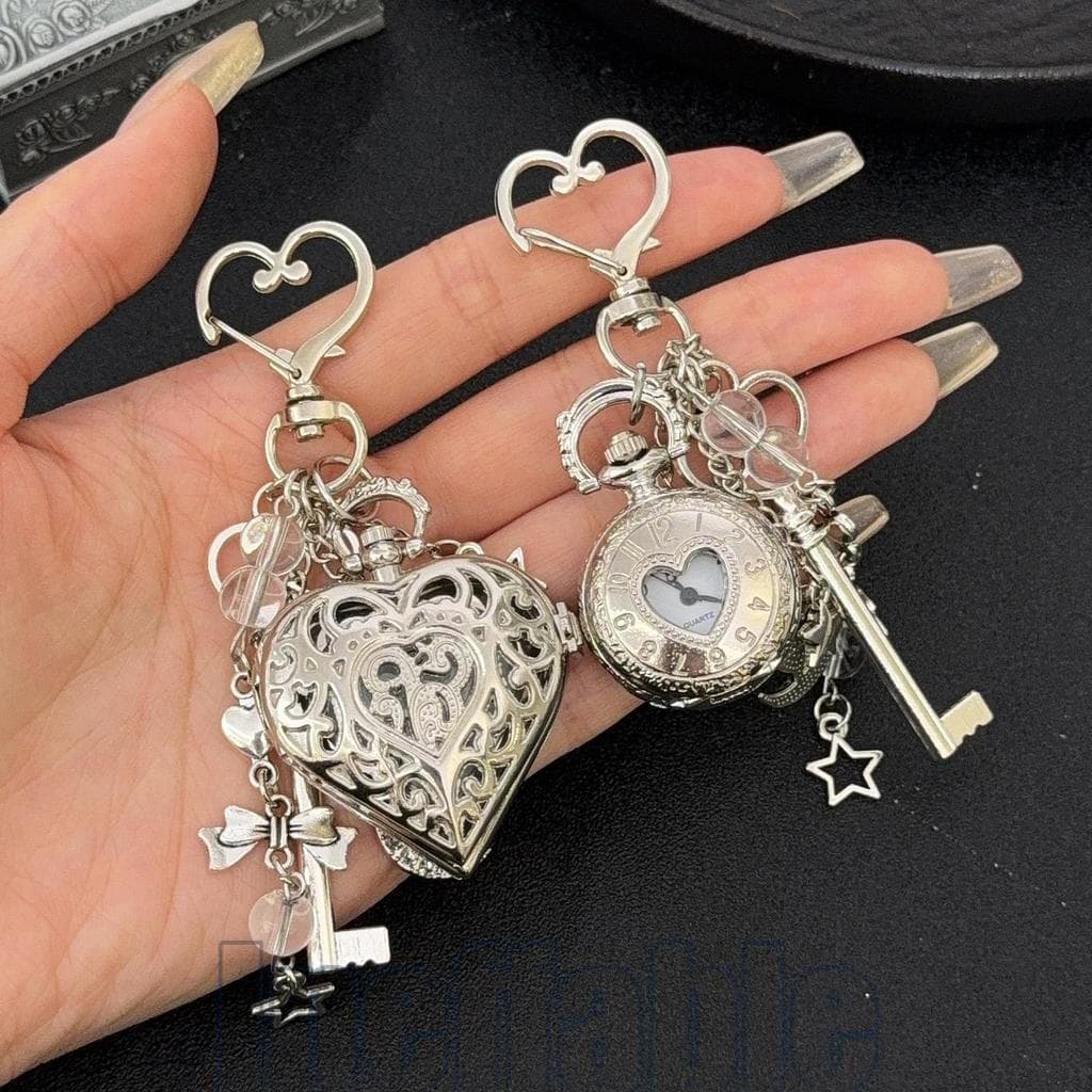 Chaveiro De Corrente De Relógio De Bolso Punk Vintage De 2-1 Unidade-2 Em 1 Casal Gótico Oco Forma De Coração Joias Com