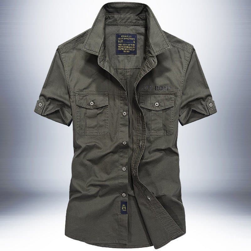 Camisa Masculina de Manga Curta Verão 2023, Algodão Lavado, Estilo Militar, Corte Solto, Oversized, Camisa para Atividad