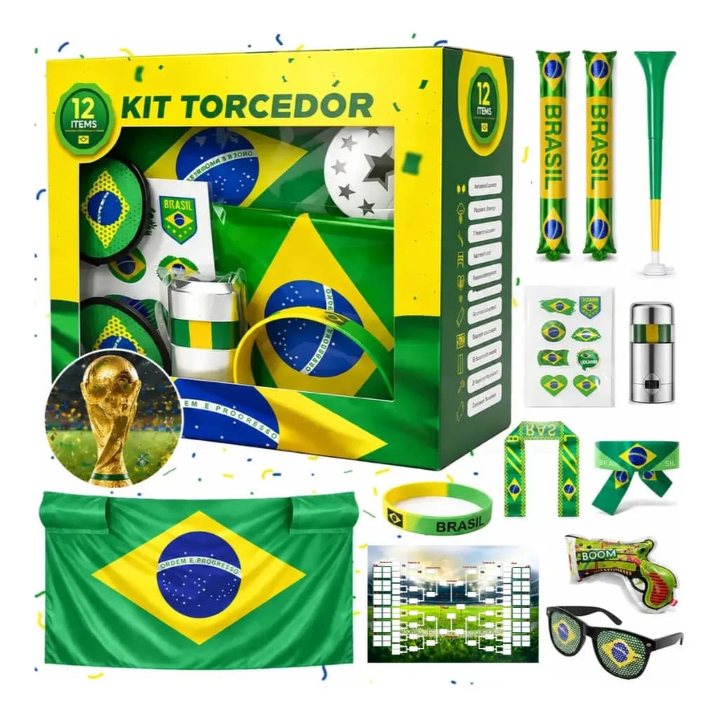 Kit Torcedor Brasil 12 Itens Copa Festa Futebol Adesivo Corneta Bandeira Oculos Brasil