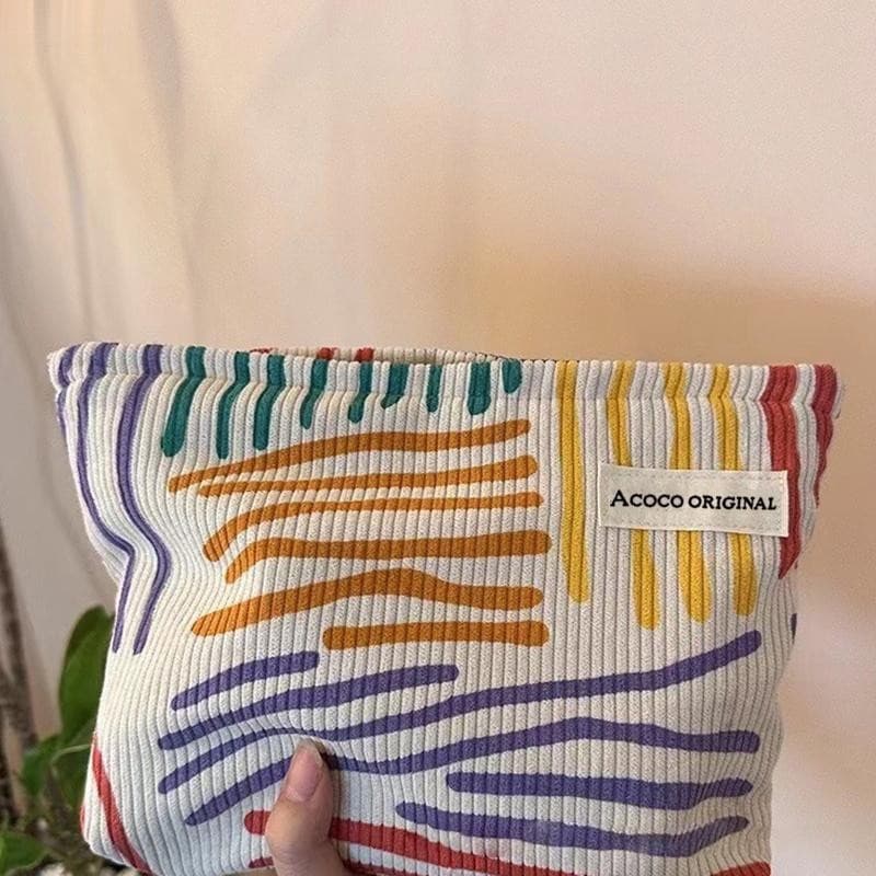 <   Sonho >   Bolsa de Cosméticos de Veludo com Listras Coloridas, Portátil, para Viagens, Produtos de Higiene Pes