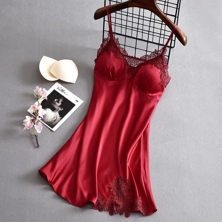 Novo Vestido de Noite de Cetim de Verão para Mulheres com Almofada para o Peito, Pijama com Decote em V PDJB RGTC I1AP